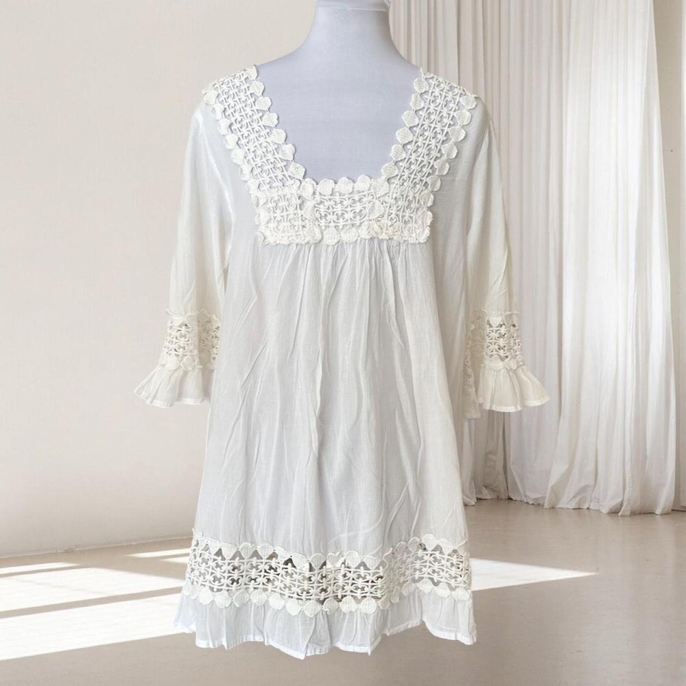 Cute Options White Cotton Crochet Lace Tunic Top XL Boho Bell Sleeve Gauze